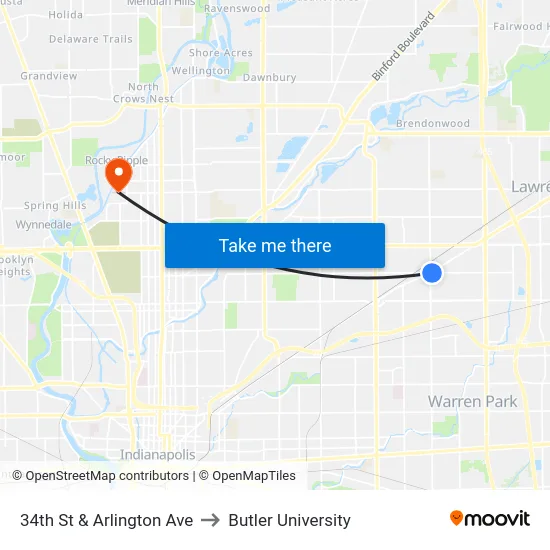 34th St & Arlington Ave to Butler University map