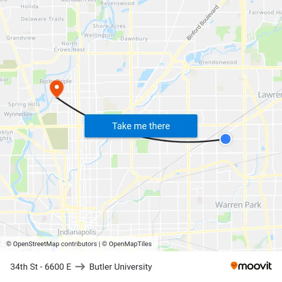 34th St - 6600 E to Butler University map