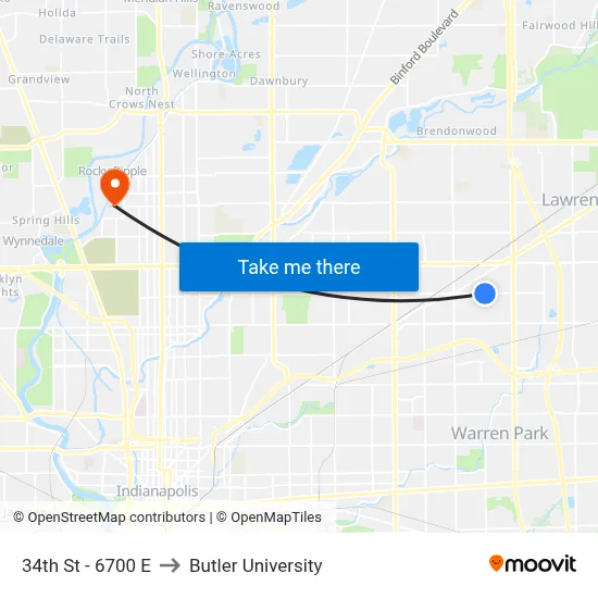 34th St - 6700 E to Butler University map