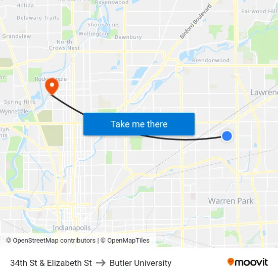 34th St & Elizabeth St to Butler University map