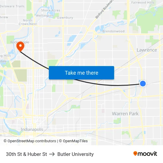 30th St & Huber St to Butler University map