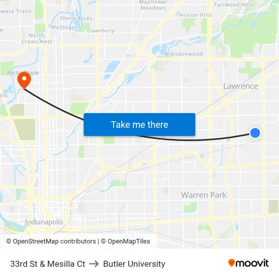 33rd St & Mesilla Ct to Butler University map