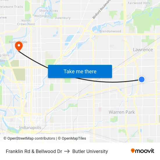 Franklin Rd & Bellwood Dr to Butler University map