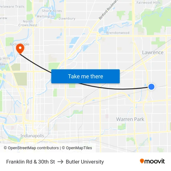 Franklin Rd & 30th St to Butler University map