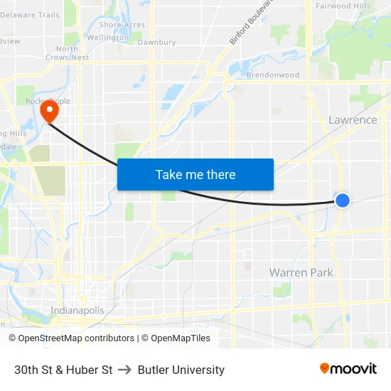 30th St & Huber St to Butler University map
