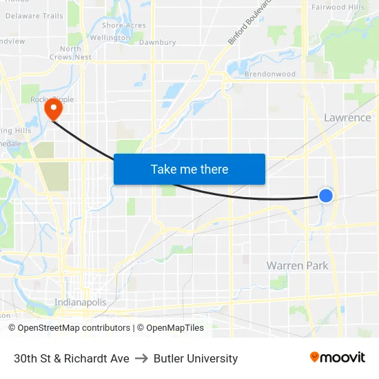 30th St & Richardt Ave to Butler University map