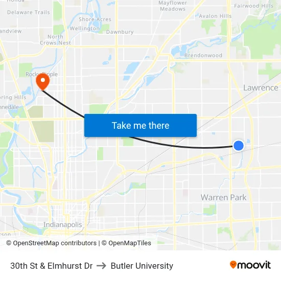 30th St & Elmhurst Dr to Butler University map