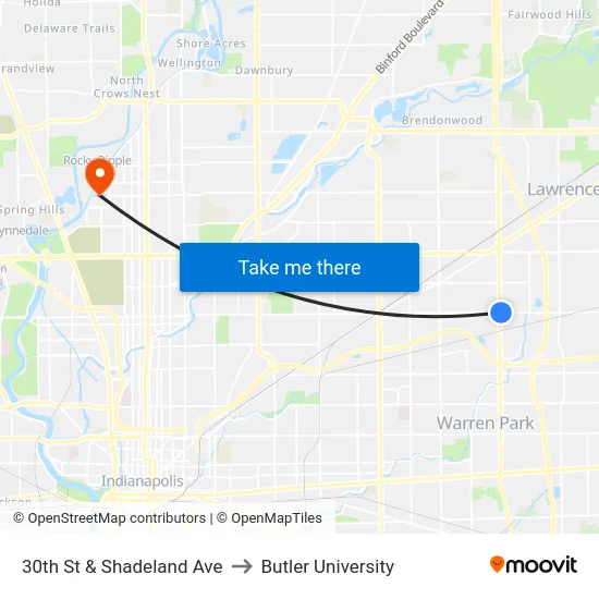 30th St & Shadeland Ave to Butler University map