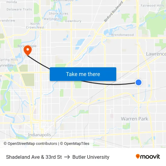 Shadeland Ave & 33rd St to Butler University map