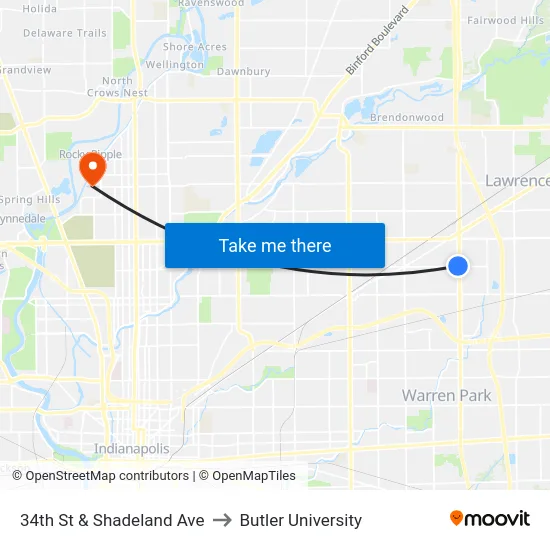 34th St & Shadeland Ave to Butler University map