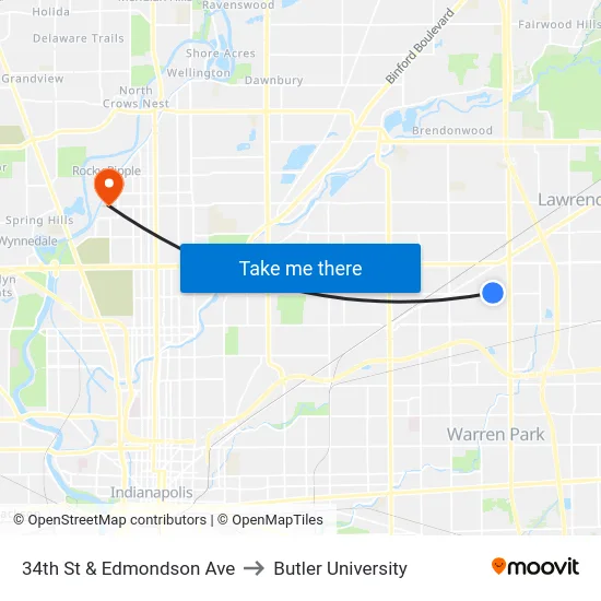 34th St & Edmondson Ave to Butler University map