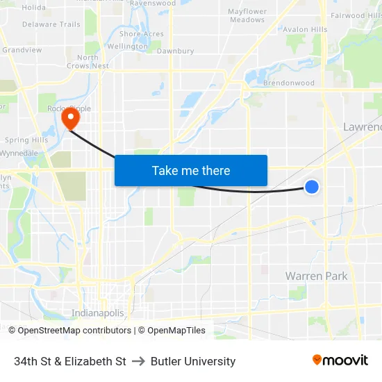 34th St & Elizabeth St to Butler University map