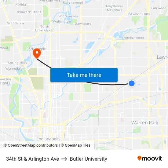 34th St & Arlington Ave to Butler University map