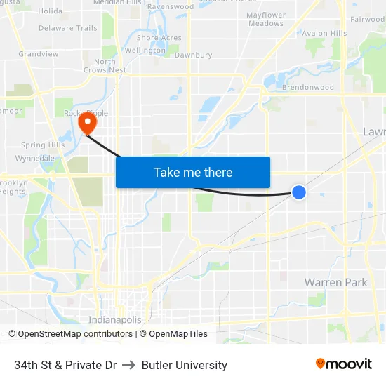 34th St & Private Dr to Butler University map