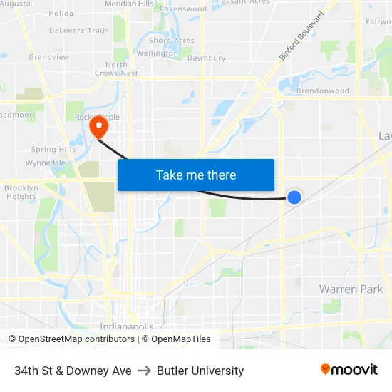 34th St & Downey Ave to Butler University map