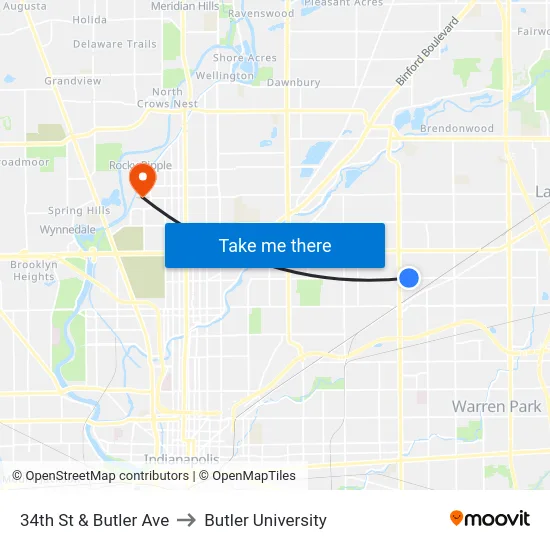 34th St & Butler Ave to Butler University map