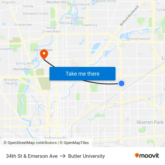 34th St & Emerson Ave to Butler University map
