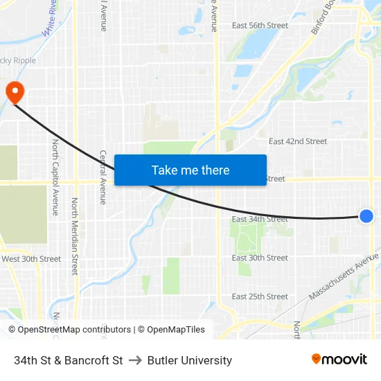 34th St & Bancroft St to Butler University map