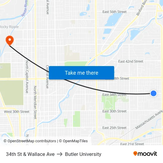 34th St & Wallace Ave to Butler University map