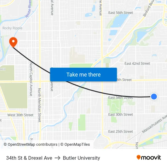 34th St & Drexel Ave to Butler University map