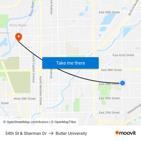 34th St & Sherman Dr to Butler University map