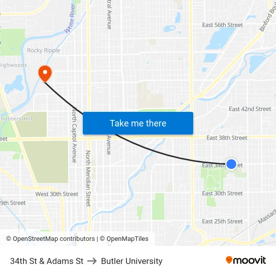34th St & Adams St to Butler University map