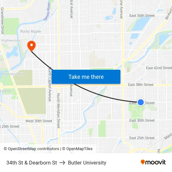34th St & Dearborn St to Butler University map