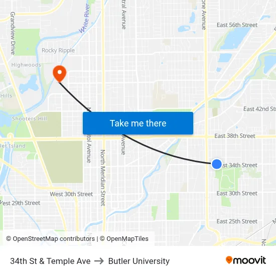 34th St & Temple Ave to Butler University map
