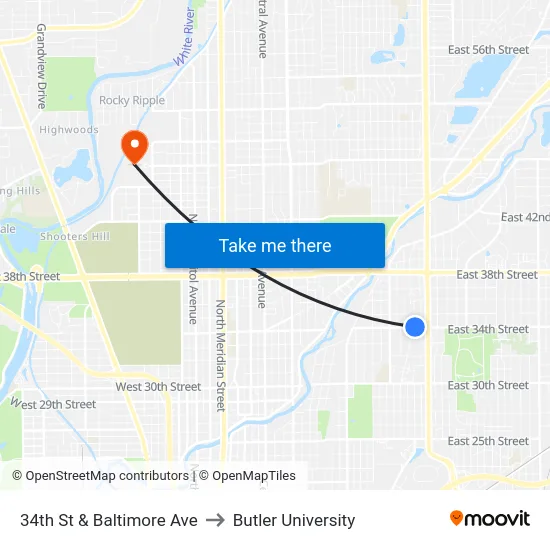 34th St & Baltimore Ave to Butler University map