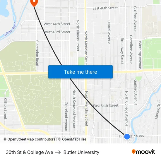 30th St & College Ave to Butler University map