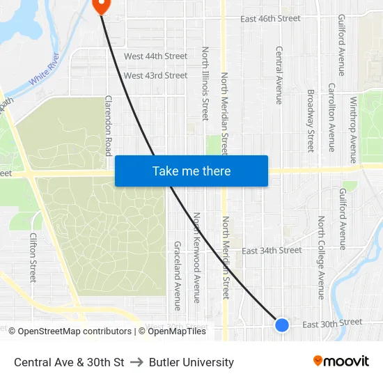 Central Ave & 30th St to Butler University map