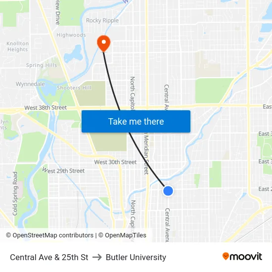 Central Ave & 25th St to Butler University map