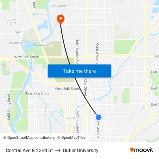 Central Ave & 22nd St to Butler University map