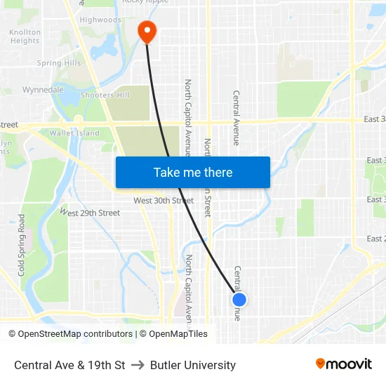 Central Ave & 19th St to Butler University map