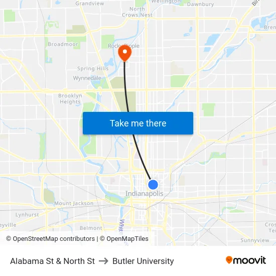 Alabama St & North St to Butler University map