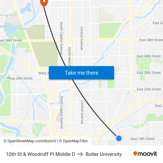 10th St & Woodruff Pl Middle D to Butler University map