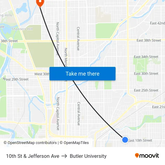 10th St & Jefferson Ave to Butler University map