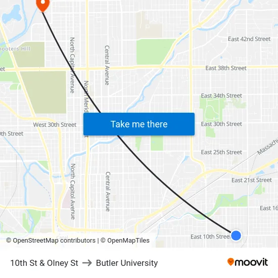 10th St & Olney St to Butler University map