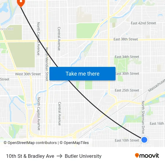 10th St & Bradley Ave to Butler University map