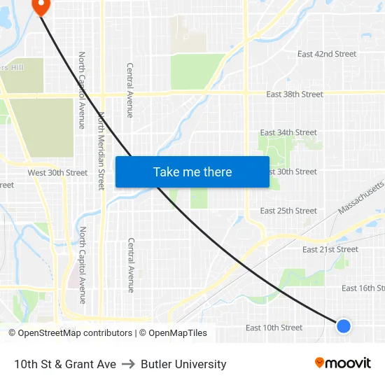10th St & Grant Ave to Butler University map