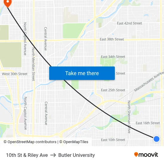 10th St & Riley Ave to Butler University map