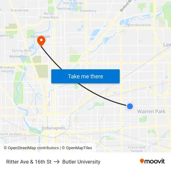 Ritter Ave & 16th St to Butler University map
