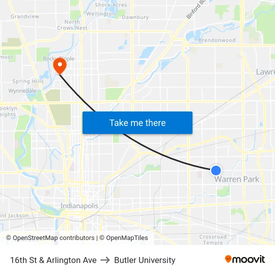 16th St & Arlington Ave to Butler University map