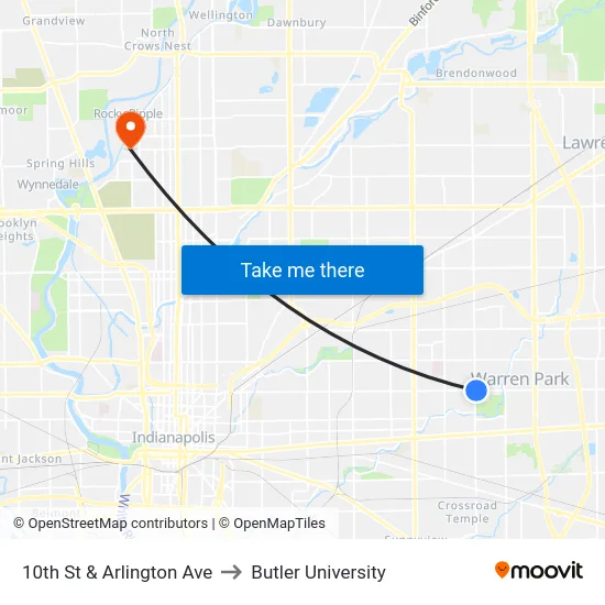 10th St & Arlington Ave to Butler University map