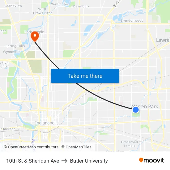 10th St & Sheridan Ave to Butler University map