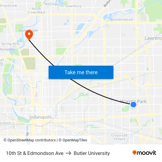 10th St & Edmondson Ave to Butler University map