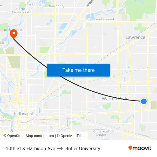 10th St & Harbison Ave to Butler University map