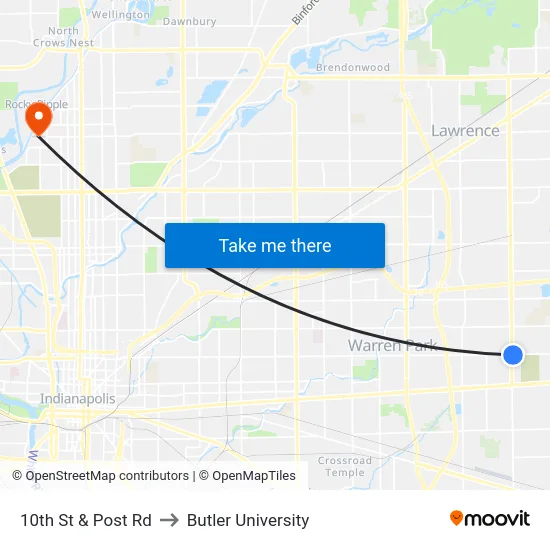 10th St & Post Rd to Butler University map