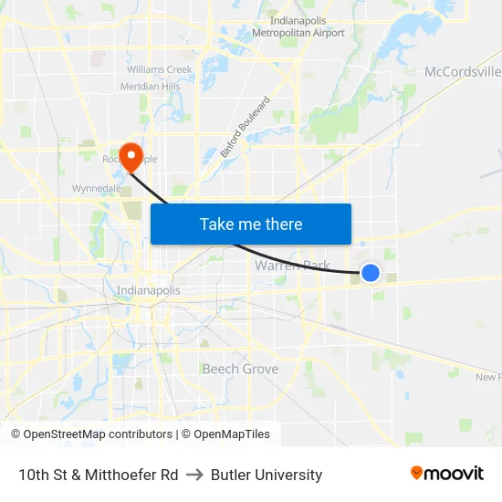 10th St & Mitthoefer Rd to Butler University map