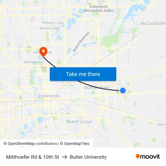 Mitthoefer Rd & 10th St to Butler University map